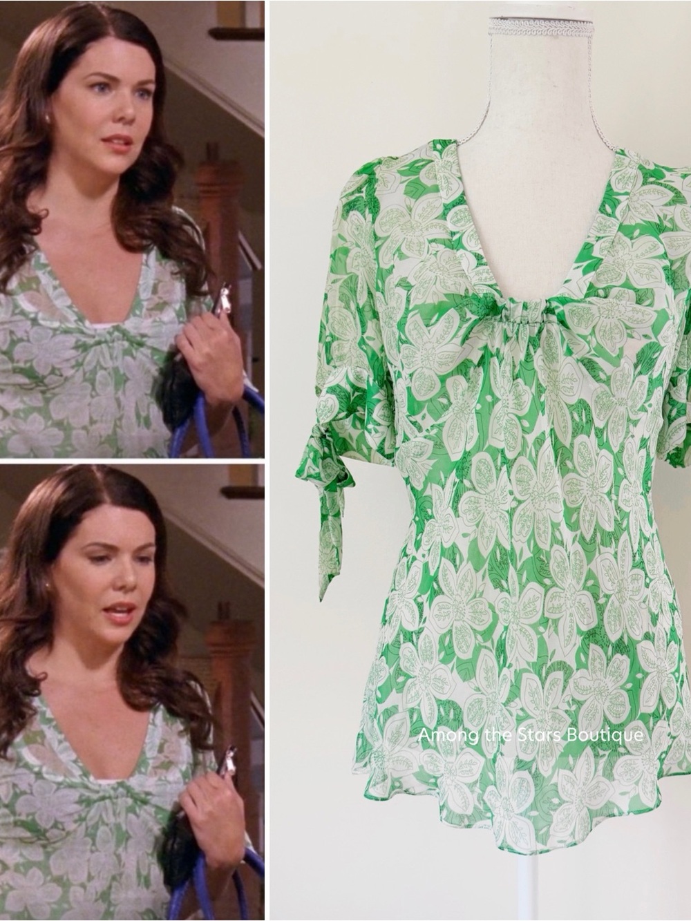 Very Rare Early 2000s Green Floral Silk Blouse ASO Lorelai in Gilmore Girls